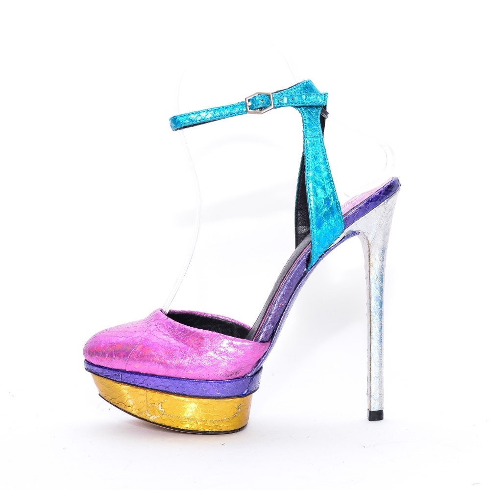 B Brian Atwood Fontenay Metallic Snakeskin Heels 6